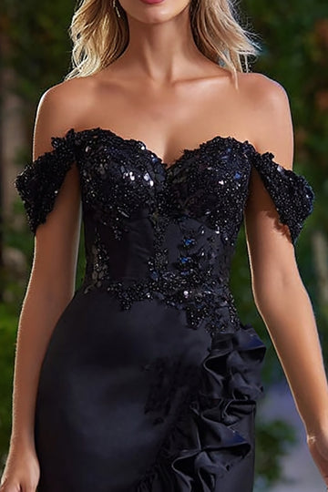 Off The Shoulder Appliqued Tight Black Cocktail Dress with Ruffles